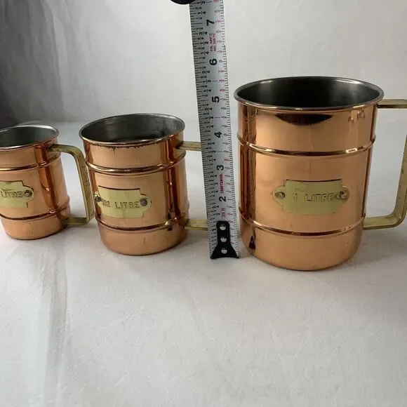 Copper & Brass Measuring Cups Set European Portugal Made 1/4 1/2 & 1 Liter Litre